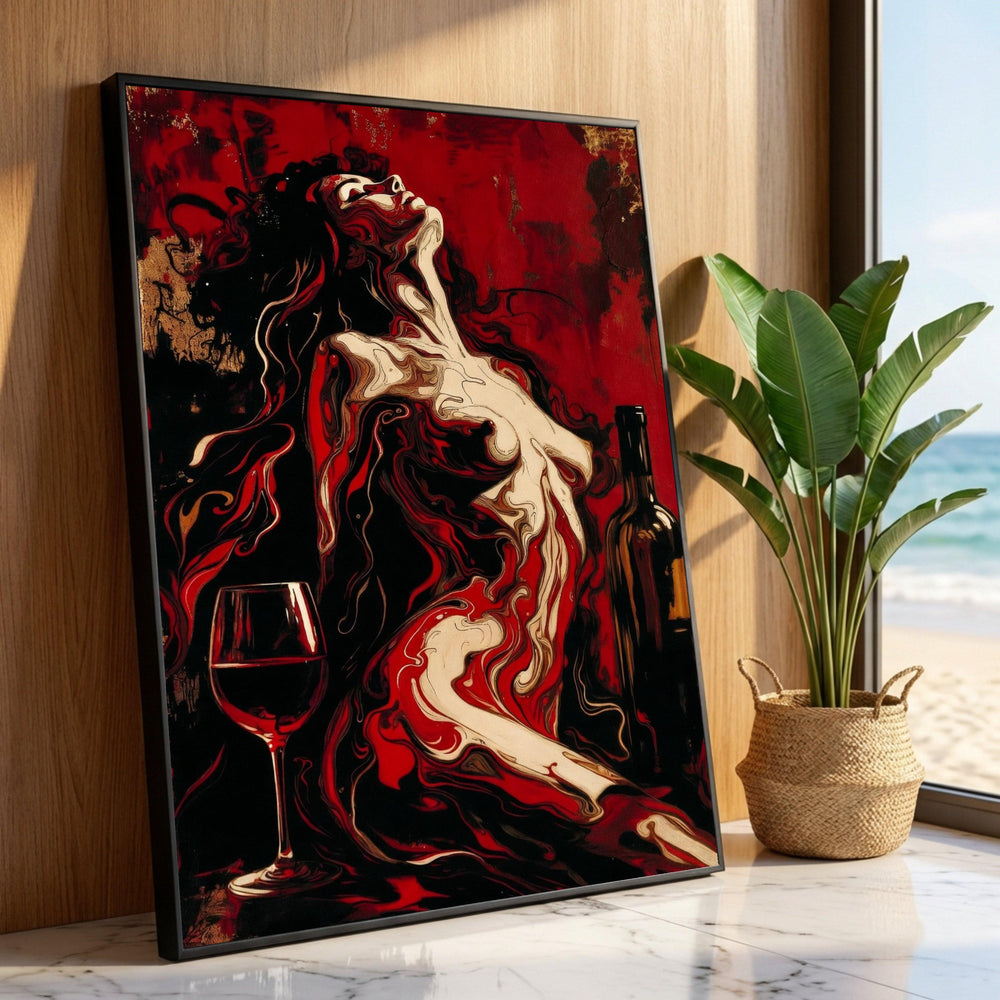 Abstract Woman with Wine Glass Canvas, Red and Black Modern Art, Sensual Female Figure Painting, Bold Wall Decor, Luxury Home Decor