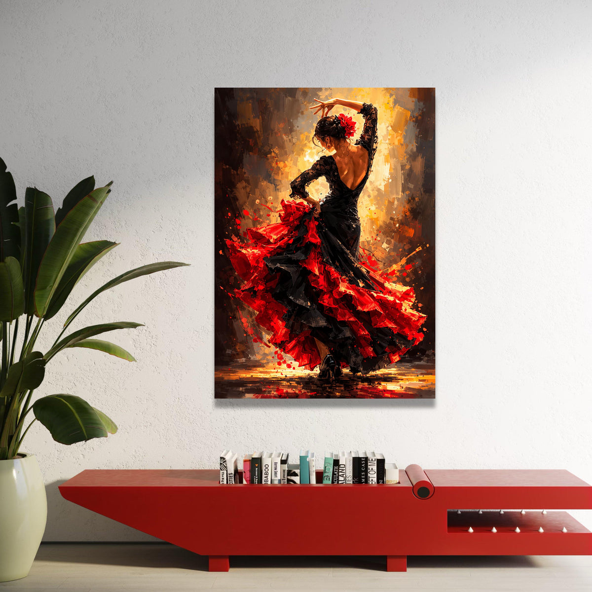 Passionate Flamenco Dancer Canvas, Red and Black Dress Wall Art, Spanish Dance Painting, Vibrant Home Decor, Ready to Hang Luxury Home Decor