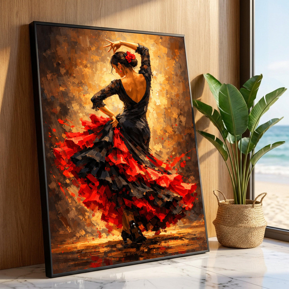 Passionate Flamenco Dancer Canvas, Spanish Dance Art, Red and Black Dress Wall Art, Vibrant Flamenco Movement Painting, Luxury Home Decor