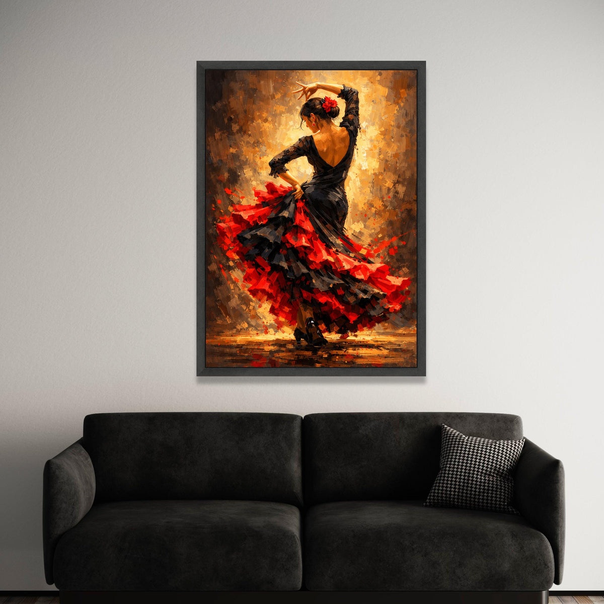 Passionate Flamenco Dancer Canvas, Spanish Dance Art, Red and Black Dress Wall Art, Vibrant Flamenco Movement Painting, Luxury Home Decor