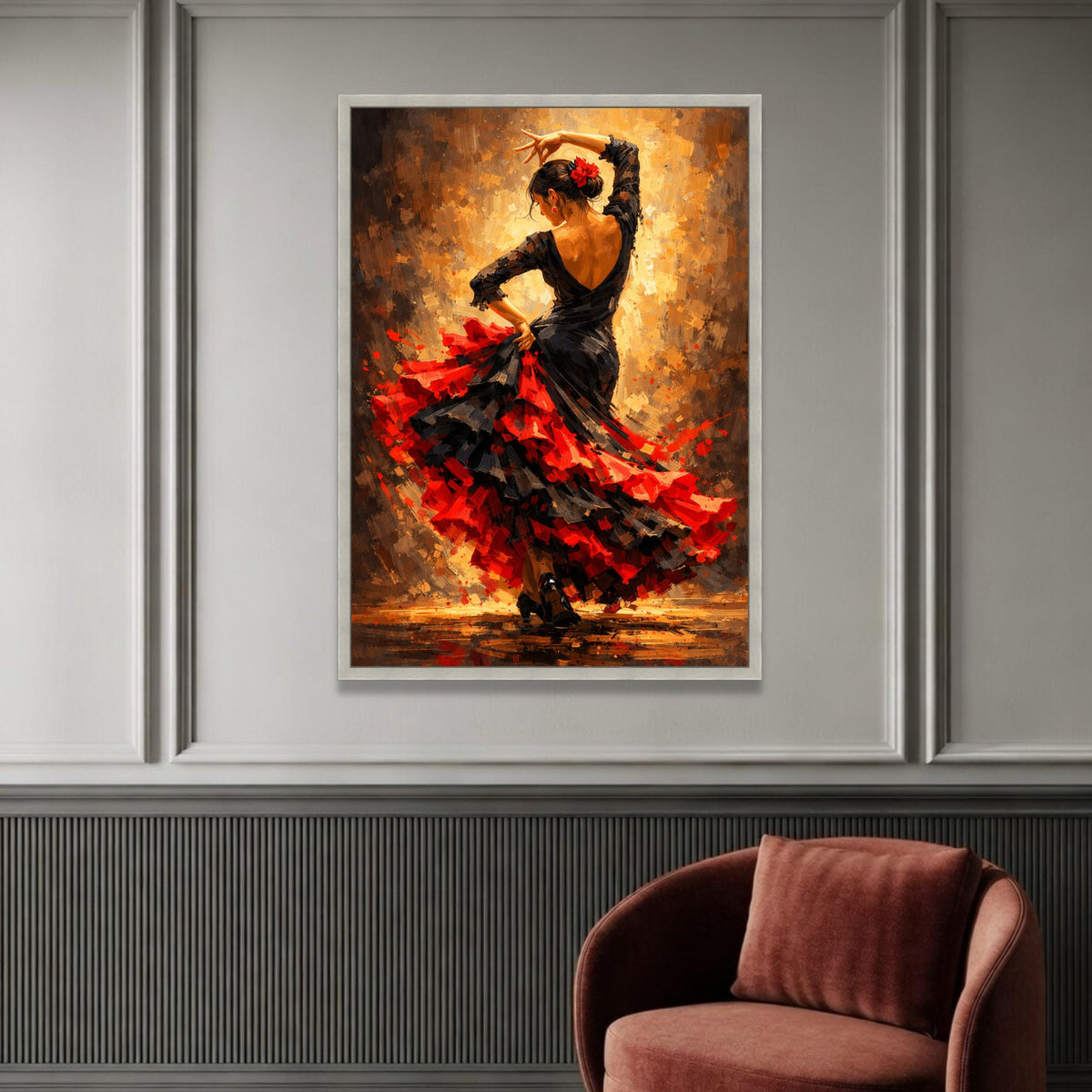 Passionate Flamenco Dancer Canvas, Spanish Dance Art, Red and Black Dress Wall Art, Vibrant Flamenco Movement Painting, Luxury Home Decor