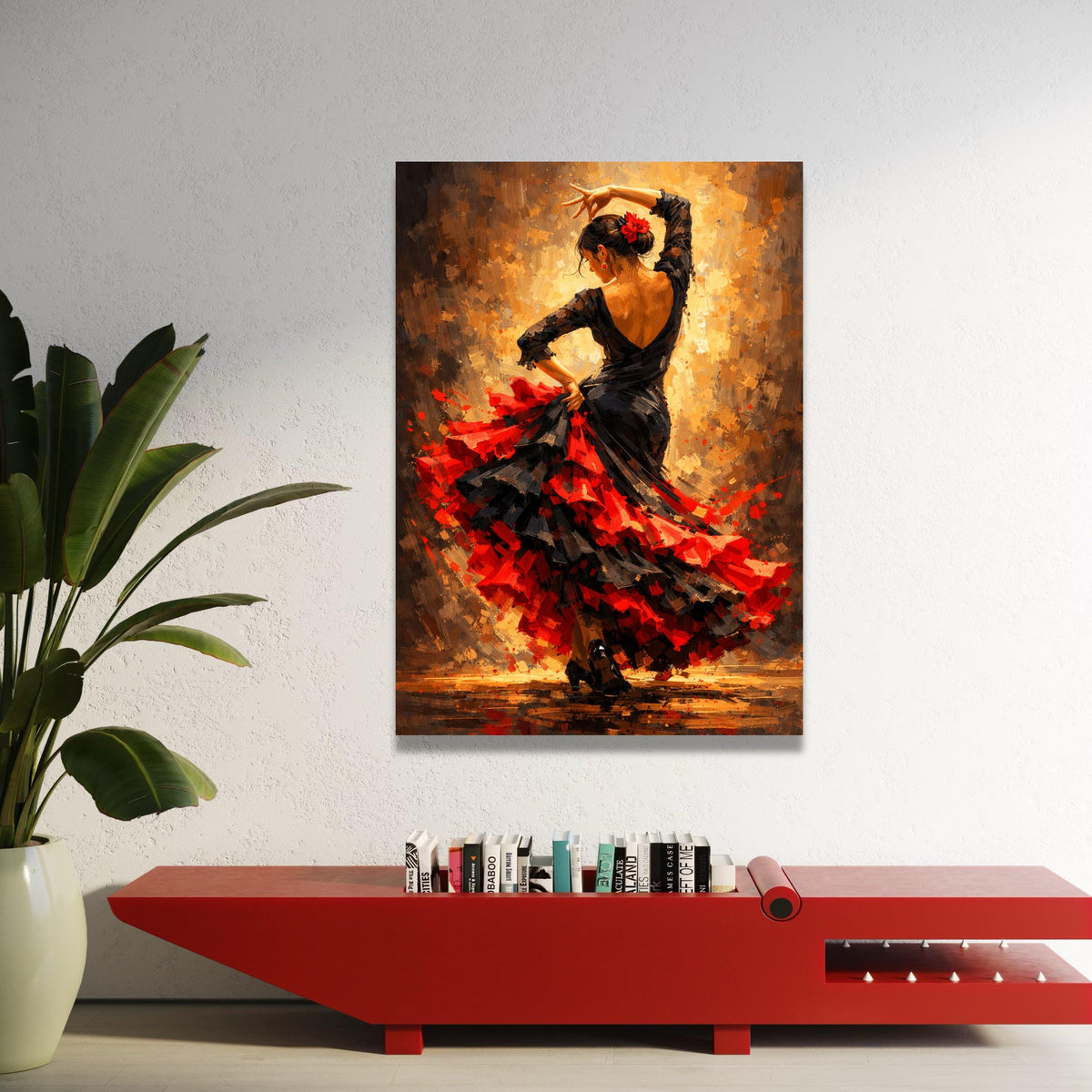 Passionate Flamenco Dancer Canvas, Spanish Dance Art, Red and Black Dress Wall Art, Vibrant Flamenco Movement Painting, Luxury Home Decor