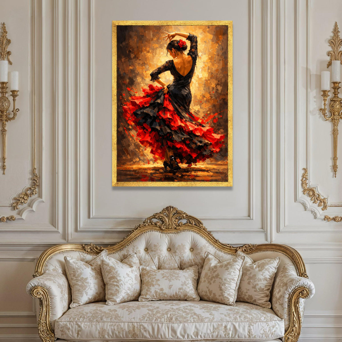 Passionate Flamenco Dancer Canvas, Spanish Dance Art, Red and Black Dress Wall Art, Vibrant Flamenco Movement Painting, Luxury Home Decor