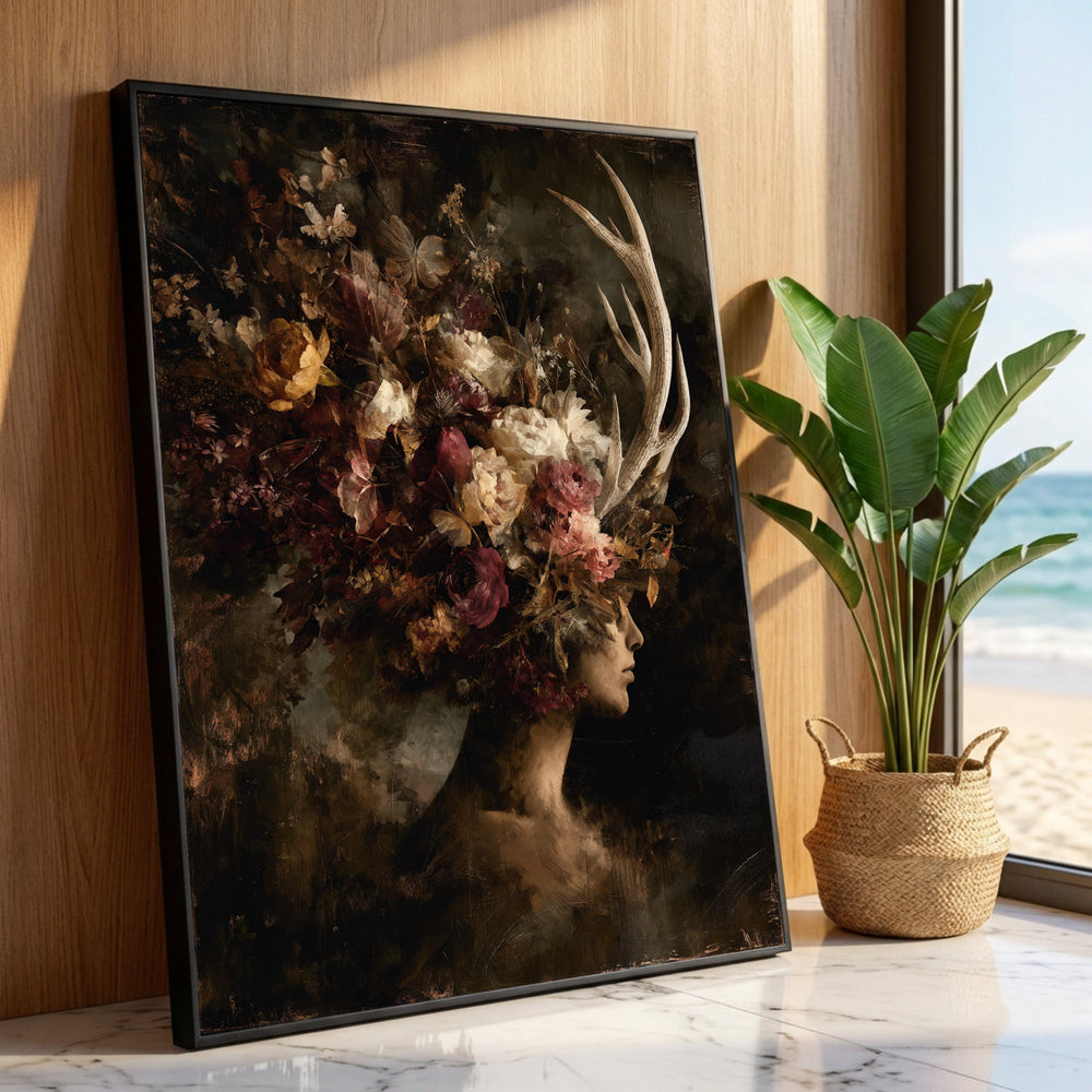 Enchanted Floral Crown with Deer Antlers, Surreal Woman Profile Canvas, Dark Romantic Wall Art, Nature Fusion Canvas, Luxury Home Decor