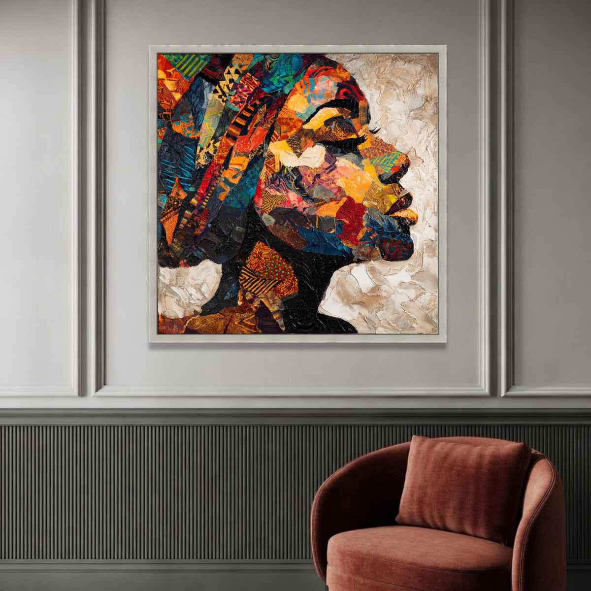 Vibrant Afrocentric Portrait Canvas Wall Art, Colorful Abstract Woman Profile, Ethnic Modern Painting, Mixed Media Canvas, Luxury Home Decor