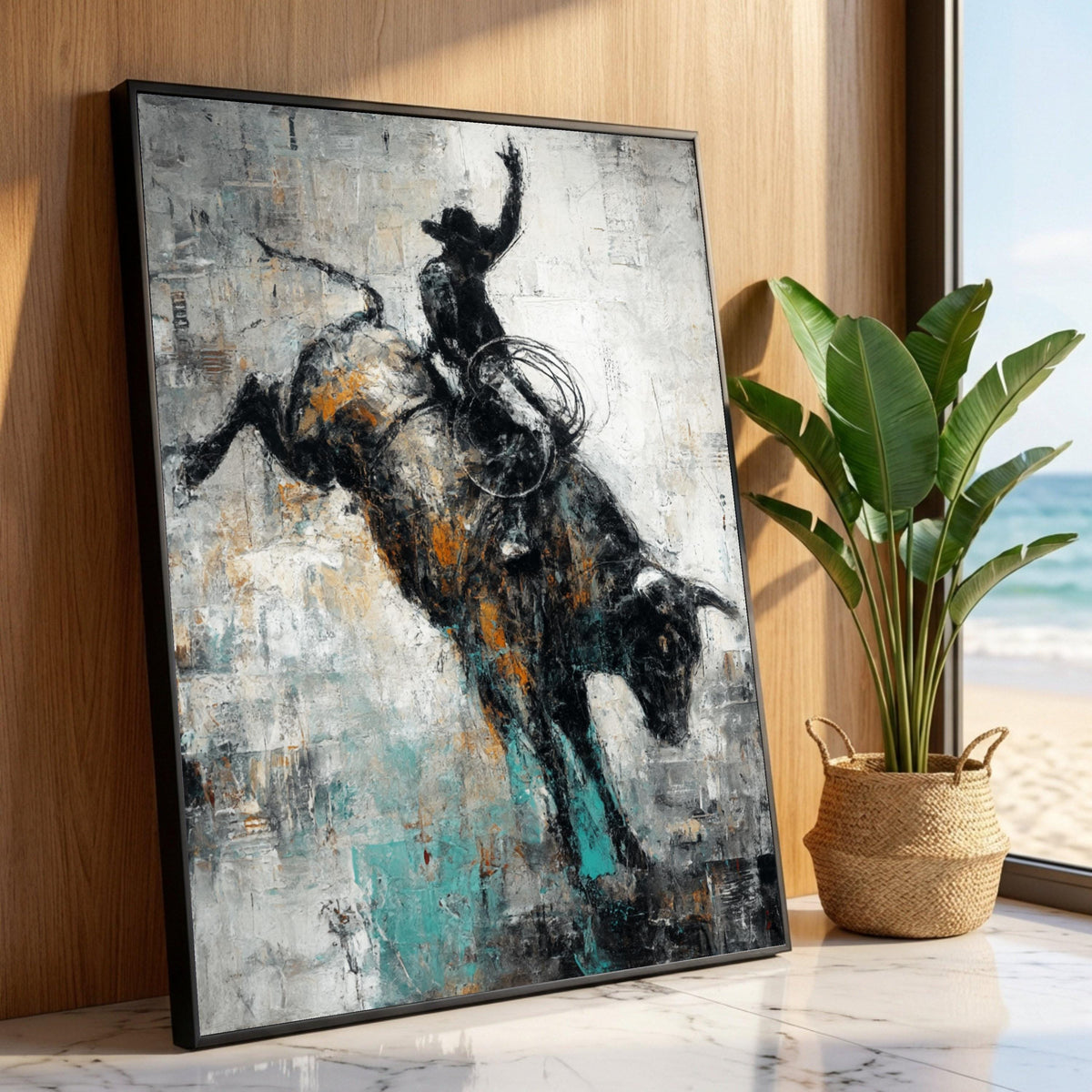 Western Rodeo Bull Rider Abstract Canvas, Cowboy Wall Art, Rustic Ranch Decor, Western Landscape Painting, Cowboy Home Luxury Home Decor