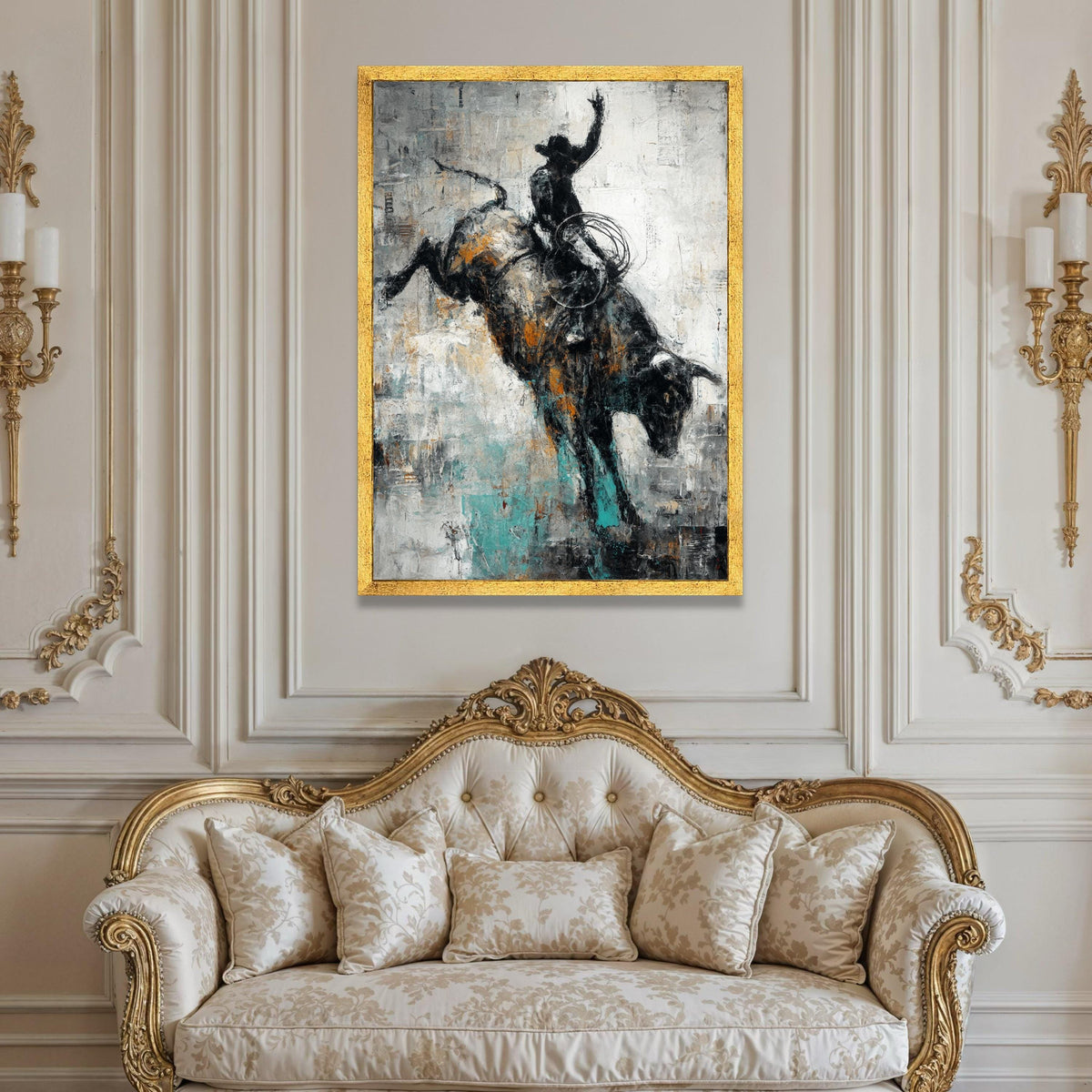 Western Rodeo Bull Rider Abstract Canvas, Cowboy Wall Art, Rustic Ranch Decor, Western Landscape Painting, Cowboy Home Luxury Home Decor