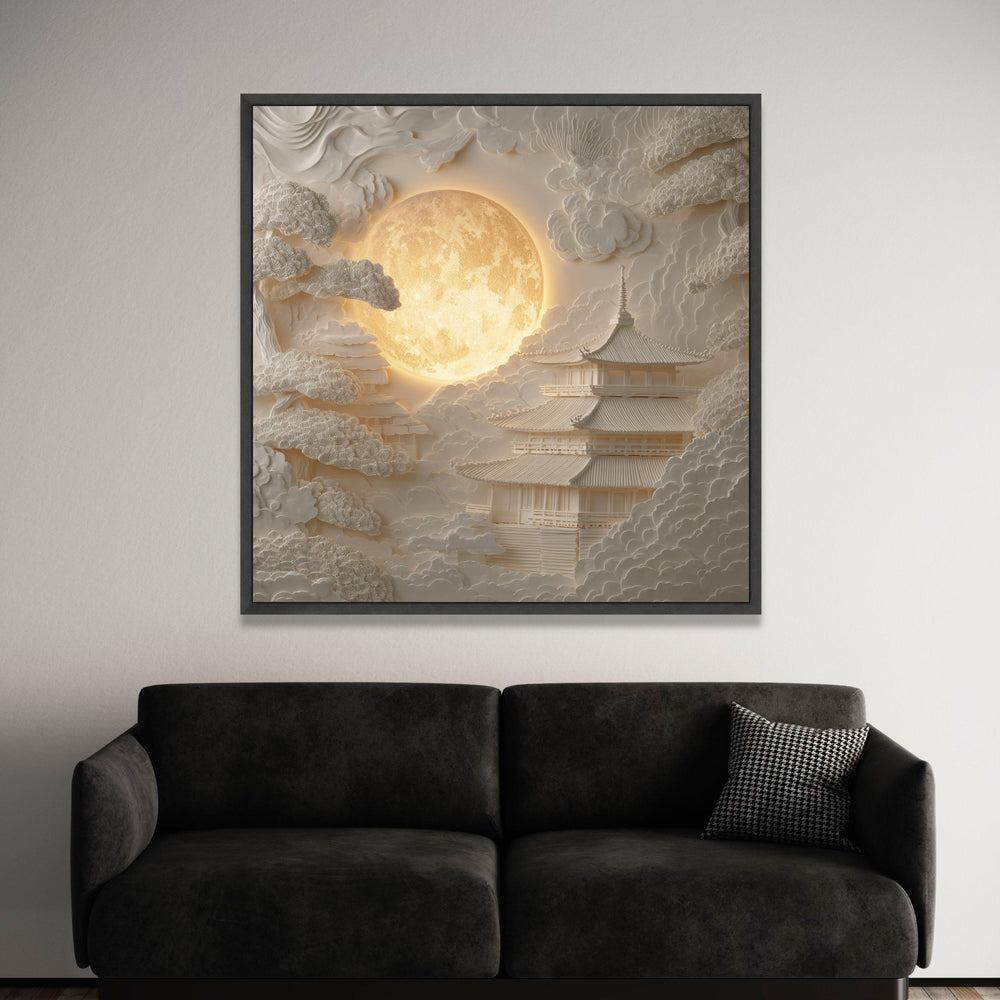 Illuminated Full Moon Over Japanese Temple Canvas, Relief Wall Art, Zen Garden Scene, Minimalist Asian Home Decor, Serene Luxury Home Decor