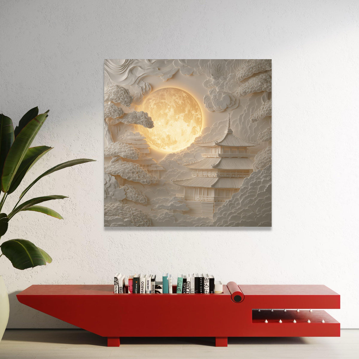 Illuminated Full Moon Over Japanese Temple Canvas, Relief Wall Art, Zen Garden Scene, Minimalist Asian Home Decor, Serene Luxury Home Decor
