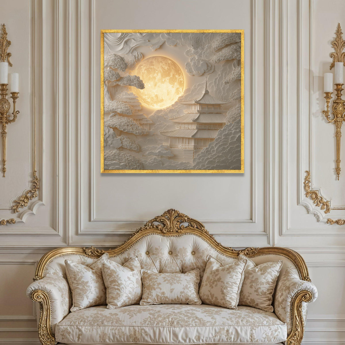 Illuminated Full Moon Over Japanese Temple Canvas, Relief Wall Art, Zen Garden Scene, Minimalist Asian Home Decor, Serene Luxury Home Decor