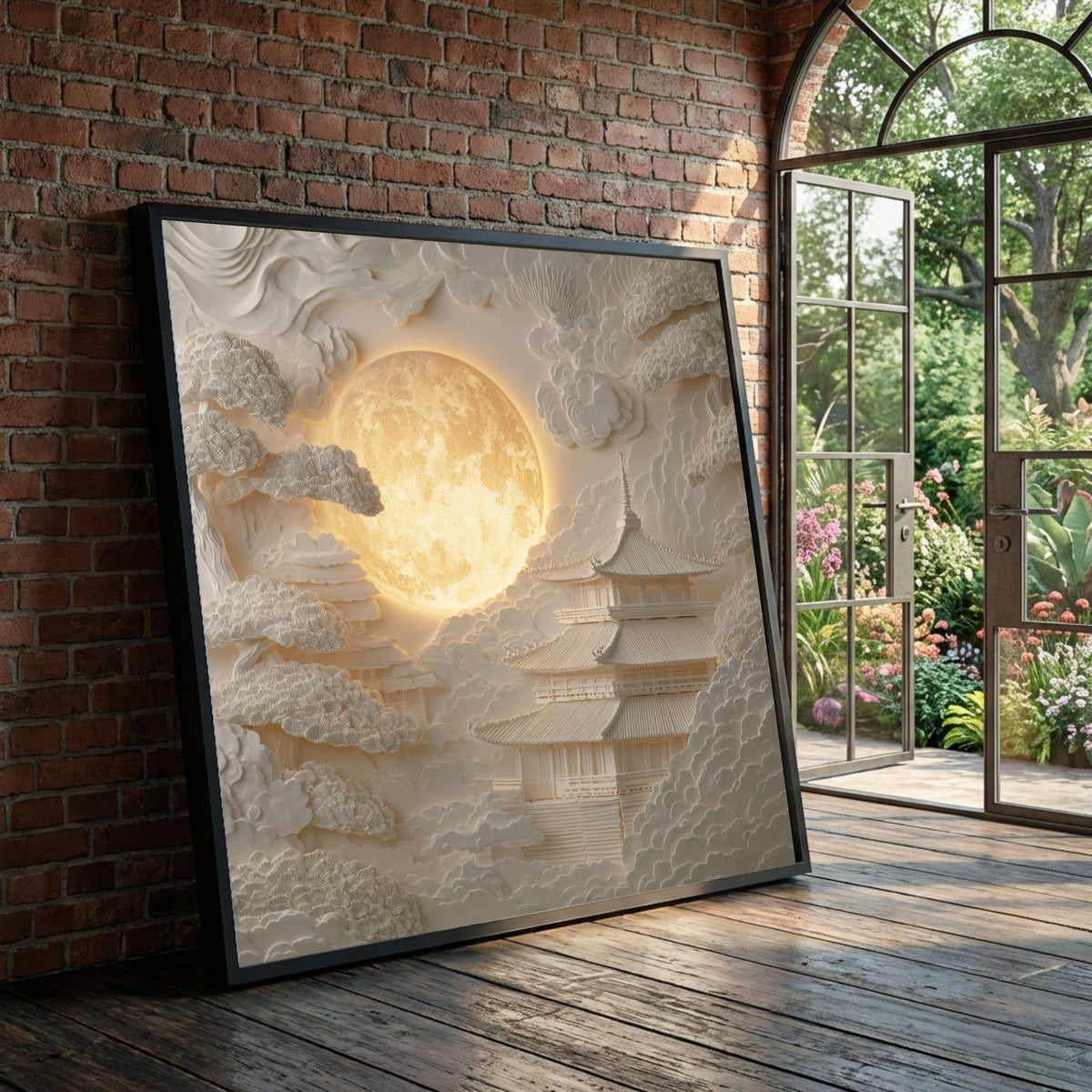 Illuminated Full Moon Over Japanese Temple Canvas, Relief Wall Art, Zen Garden Scene, Minimalist Asian Home Decor, Serene Luxury Home Decor