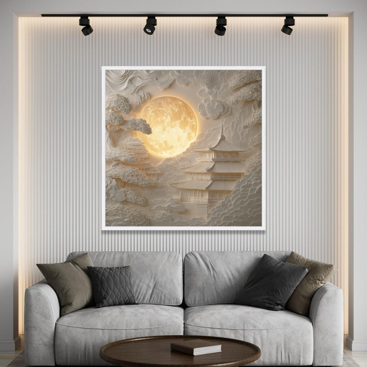 Illuminated Full Moon Over Japanese Temple Canvas, Relief Wall Art, Zen Garden Scene, Minimalist Asian Home Decor, Serene Luxury Home Decor