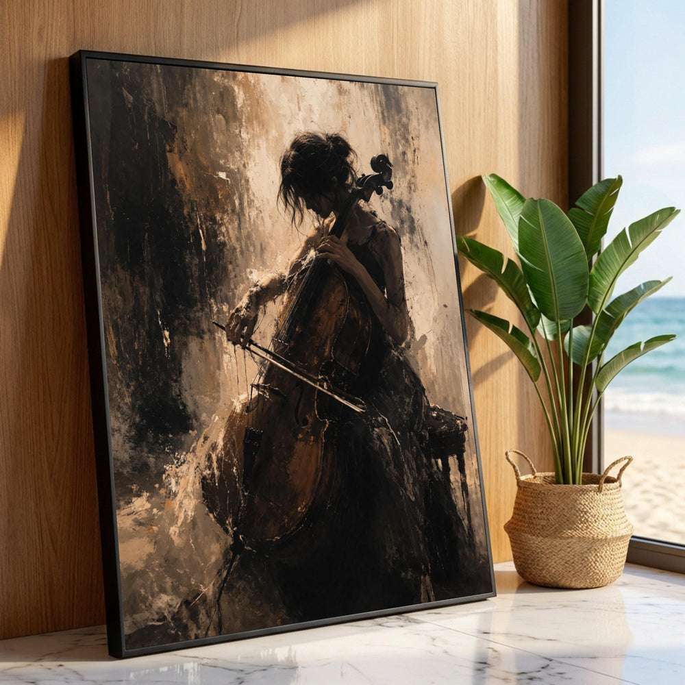 Woman Playing Cello Canvas Art, Musical Instrument Wall Decor, Classical Music Canvas Painting, Moody Art for Home, Luxury Home Decor
