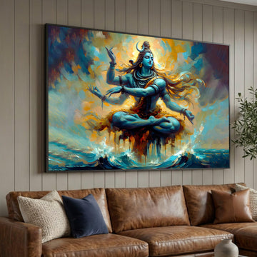 Meditative Shiva Dancing Pose Canvas, Hindu God Wall Art, Spiritual Yoga Decor, Blue Divine Figure, Mystical Ocean Luxury Home Decor