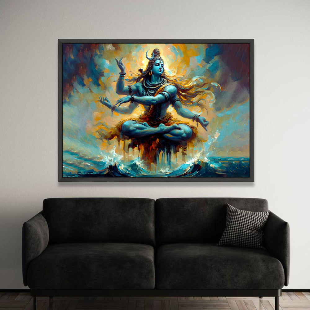 Meditative Shiva Dancing Pose Canvas, Hindu God Wall Art, Spiritual Yoga Decor, Blue Divine Figure, Mystical Ocean Luxury Home Decor
