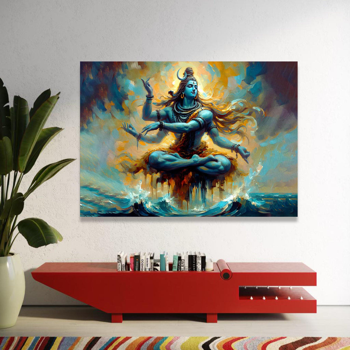Meditative Shiva Dancing Pose Canvas, Hindu God Wall Art, Spiritual Yoga Decor, Blue Divine Figure, Mystical Ocean Luxury Home Decor