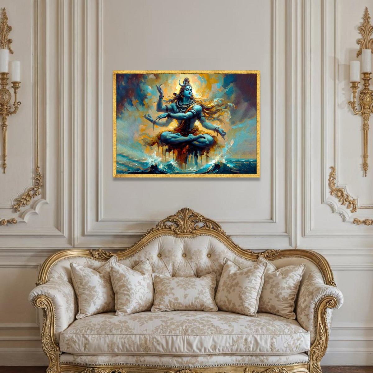 Meditative Shiva Dancing Pose Canvas, Hindu God Wall Art, Spiritual Yoga Decor, Blue Divine Figure, Mystical Ocean Luxury Home Decor