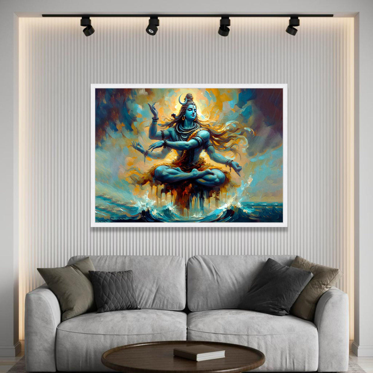 Meditative Shiva Dancing Pose Canvas, Hindu God Wall Art, Spiritual Yoga Decor, Blue Divine Figure, Mystical Ocean Luxury Home Decor
