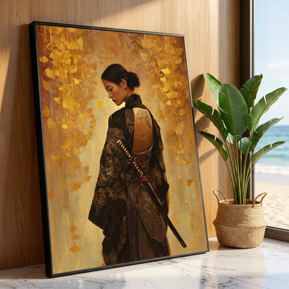Elegant Samurai Woman Canvas, Asian Warrior Art, Traditional Kimono Wall Art, Golden Leafs Background, Tattoo Design Luxury Home Decor