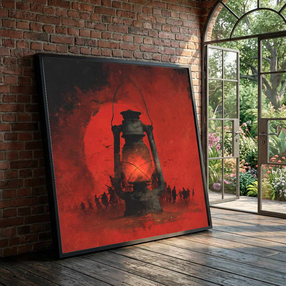Vintage Lantern with Silhouettes Canvas, Red Rustic Wall Art, Old Lamp Illustration, Dark Moody Home Decor, Dramatic Light Luxury Home Decor