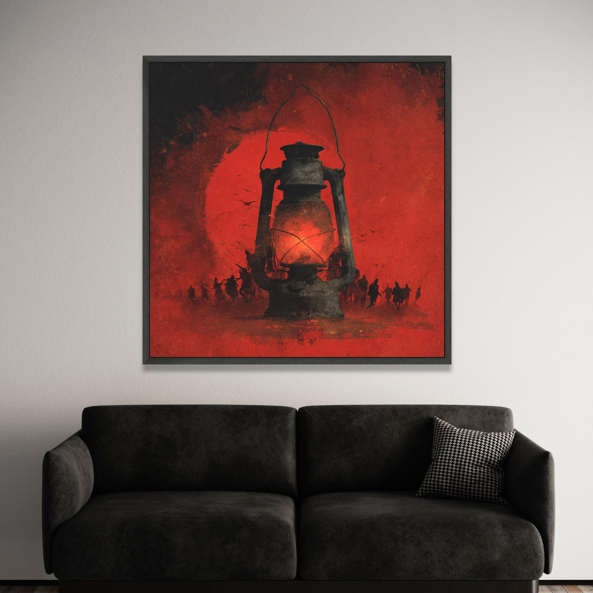 Vintage Lantern with Silhouettes Canvas, Red Rustic Wall Art, Old Lamp Illustration, Dark Moody Home Decor, Dramatic Light Luxury Home Decor