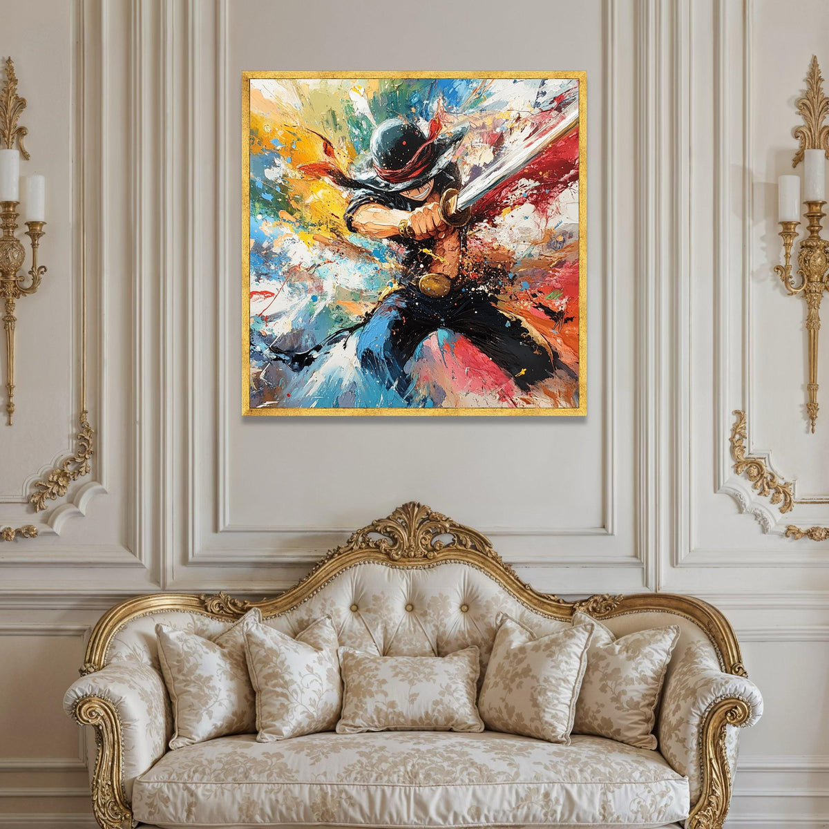 Dynamic Samurai Warrior Canvas, Abstract Sword Fight Wall Art, Colorful Action Painting, Energetic Japanese Themed Canvas Luxury Home Decor