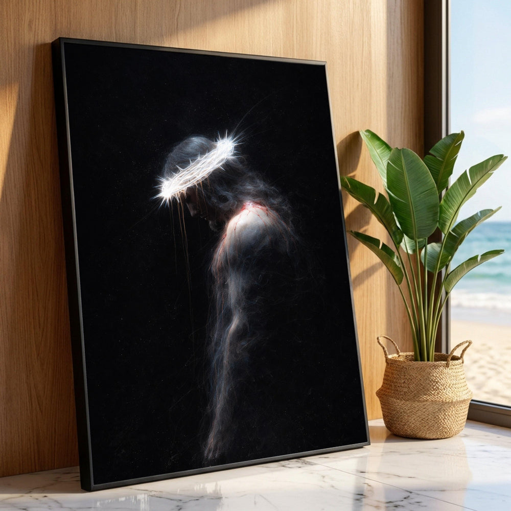 Spiritual Portrait Canvas Wall Art, Jesus with Crown of Thorns, Dark Religious Canvas, Sacred Christian Artwork, Emotional Luxury Home Decor