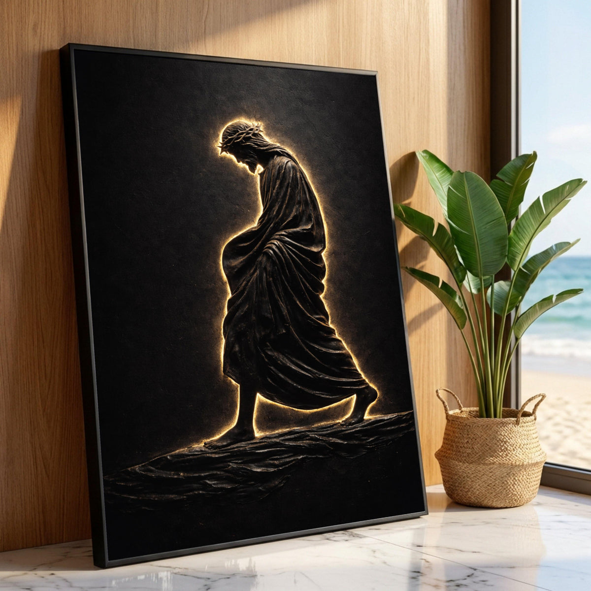 Illuminated Jesus Walking on Water Canvas, Spiritual Christian Wall Art, Religious Home Decor, Inspirational Biblical Luxury Home Decor
