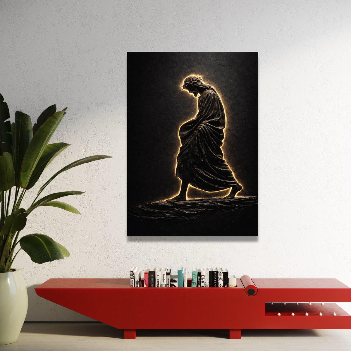 Illuminated Jesus Walking on Water Canvas, Spiritual Christian Wall Art, Religious Home Decor, Inspirational Biblical Luxury Home Decor