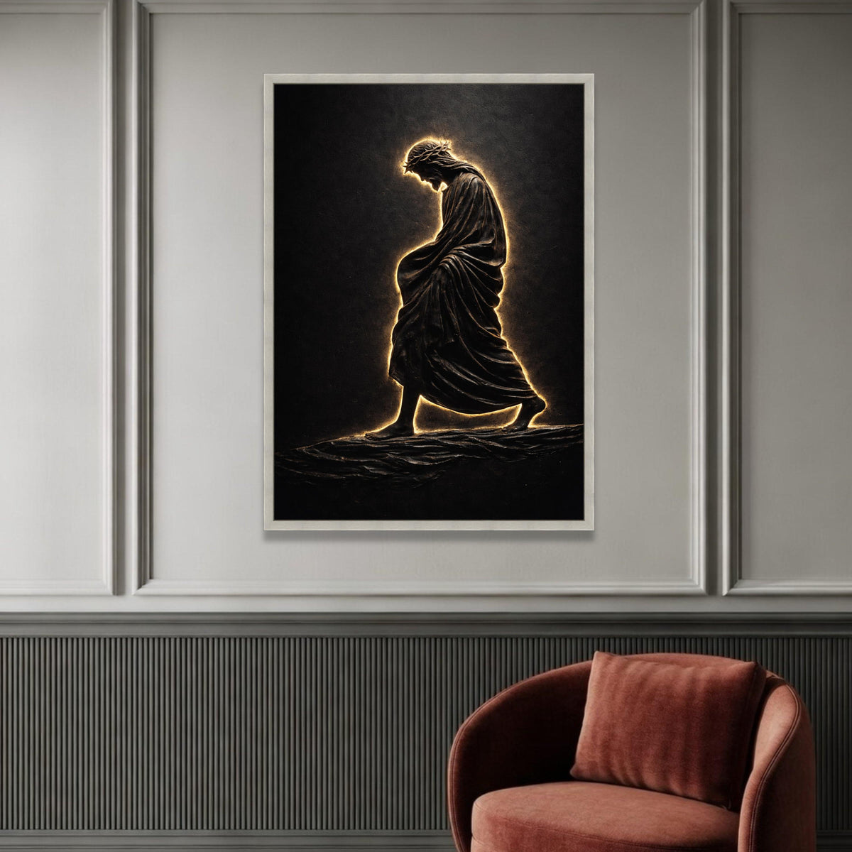 Illuminated Jesus Walking on Water Canvas, Spiritual Christian Wall Art, Religious Home Decor, Inspirational Biblical Luxury Home Decor