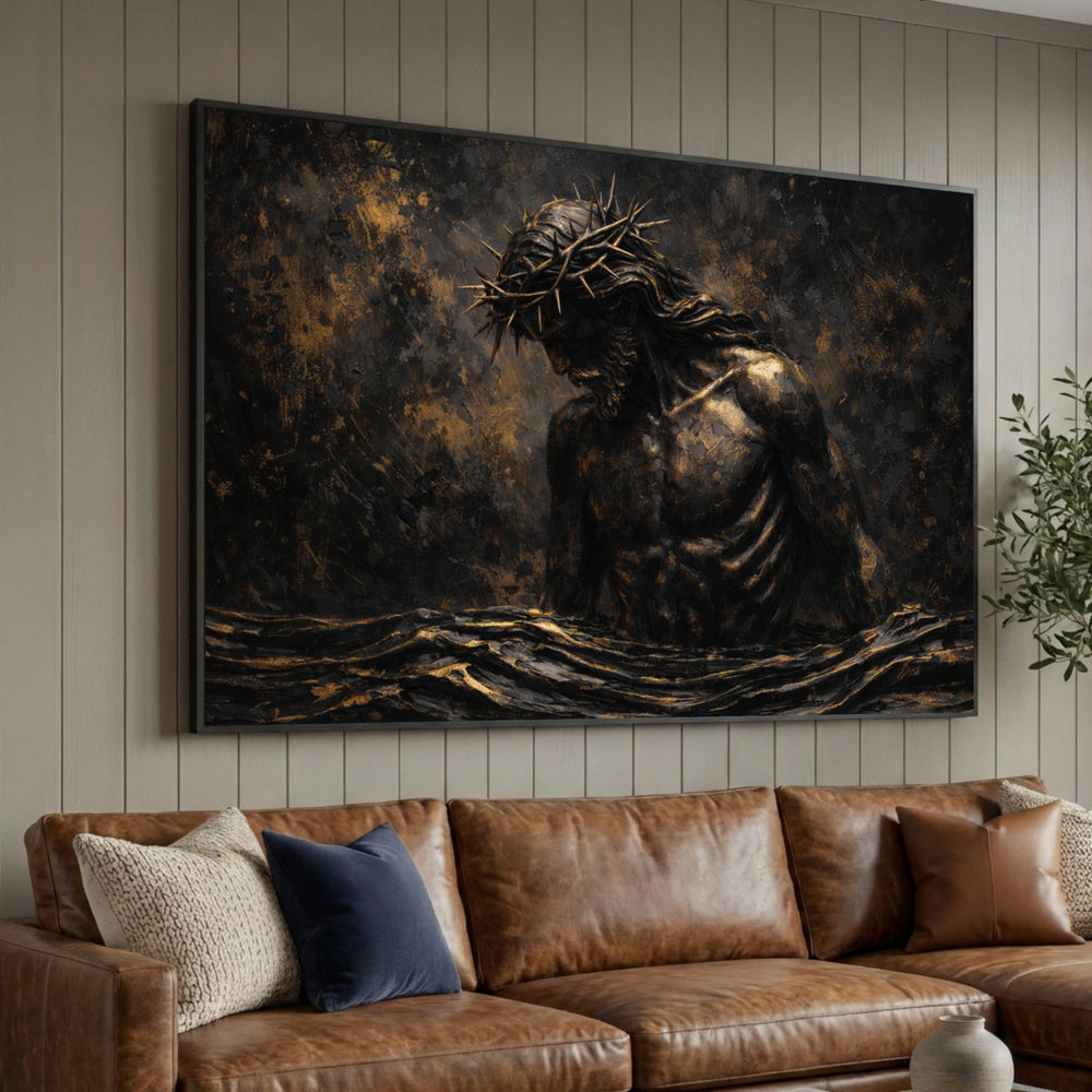 Jesus Christ with Crown of Thorns Canvas Wall Art, Religious Spiritual Canvas, Dark Gold Black Christian Home Decor, Luxury Home Decor