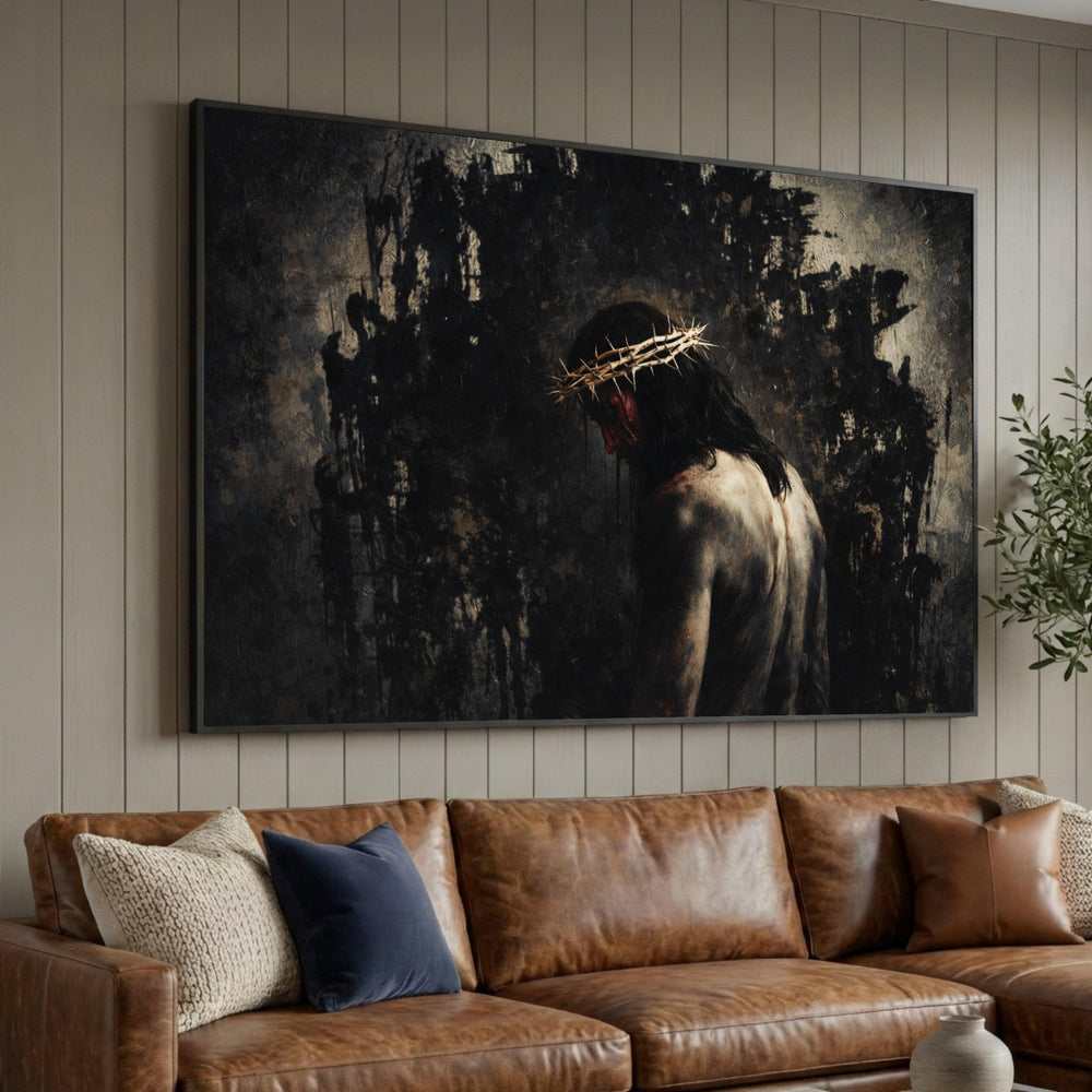 Dramatic Crown of Thorns Canvas, Dark Religious Wall Art, Jesus Christ Portrait, Spiritual Canvas Decor, Moody Home Luxury Home Decor
