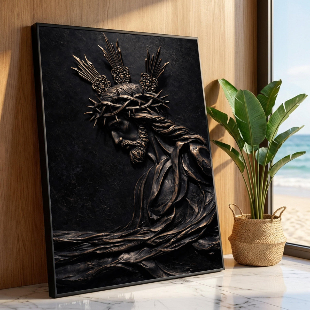 Jesus Christ Crown of Thorns Canvas Wall Art, Religious Christian Sculpture Design, Sacred Faith Home Decor, Spiritual Luxury Home Decor