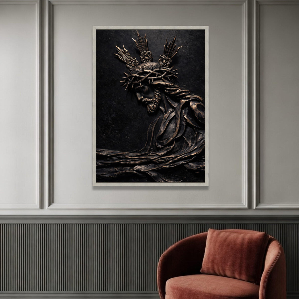 Jesus Christ Crown of Thorns Canvas Wall Art, Religious Christian Sculpture Design, Sacred Faith Home Decor, Spiritual Luxury Home Decor