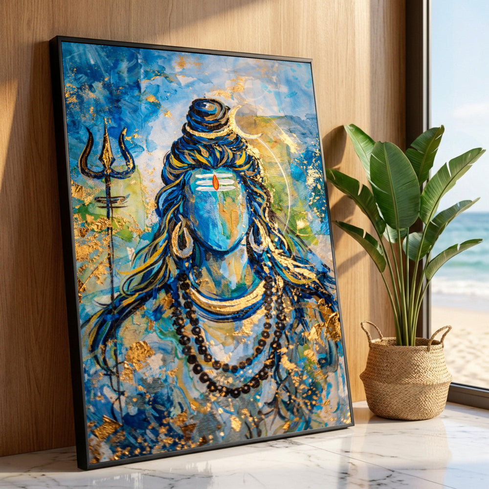 Abstract Lord Shiva Canvas Wall Art, Blue and Gold Spiritual Painting, Hindu Deity Home Décor, Trident and Crescent Moon Luxury Home Decor
