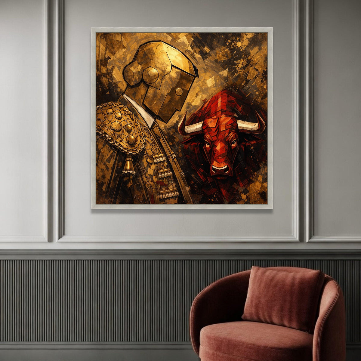 Modern Bullfighter and Red Bull Canvas Wall Art, Abstract Matador Painting, Spanish Bullfighting Decor, Bold Home Luxury Home Decor