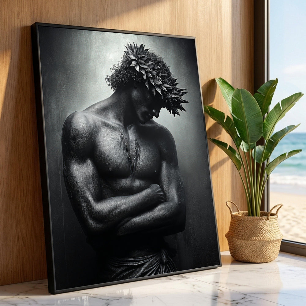 Majestic Warrior Pose Canvas, Black and White Male Art, Tribal Leaf Crown Wall Art, Masculine Figurative Canvas, Bold Home Luxury Home Decor