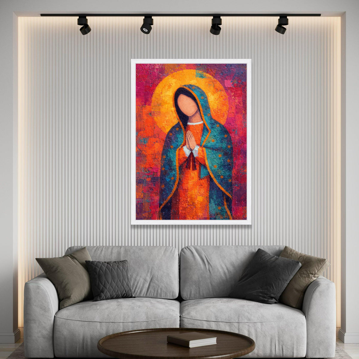Vibrant Virgin Mary Canvas, Abstract Religious Wall Art, Praying Madonna Painting, Spiritual Home Decoration, Colorful Luxury Home Decor