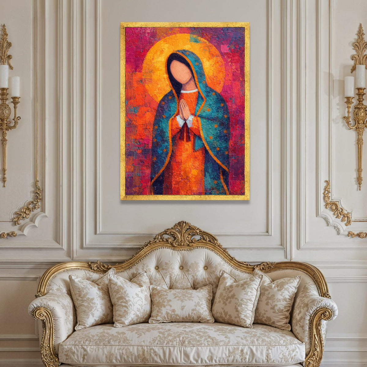 Vibrant Virgin Mary Canvas, Abstract Religious Wall Art, Praying Madonna Painting, Spiritual Home Decoration, Colorful Luxury Home Decor
