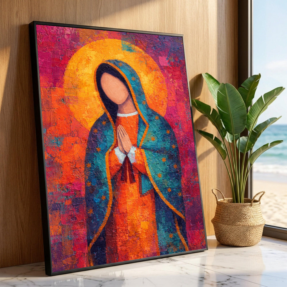 Vibrant Virgin Mary Canvas, Abstract Religious Wall Art, Praying Madonna Painting, Spiritual Home Decoration, Colorful Luxury Home Decor