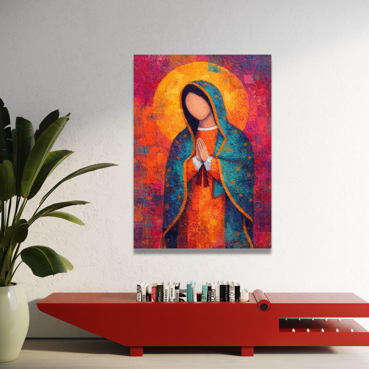 Vibrant Virgin Mary Canvas, Abstract Religious Wall Art, Praying Madonna Painting, Spiritual Home Decoration, Colorful Luxury Home Decor