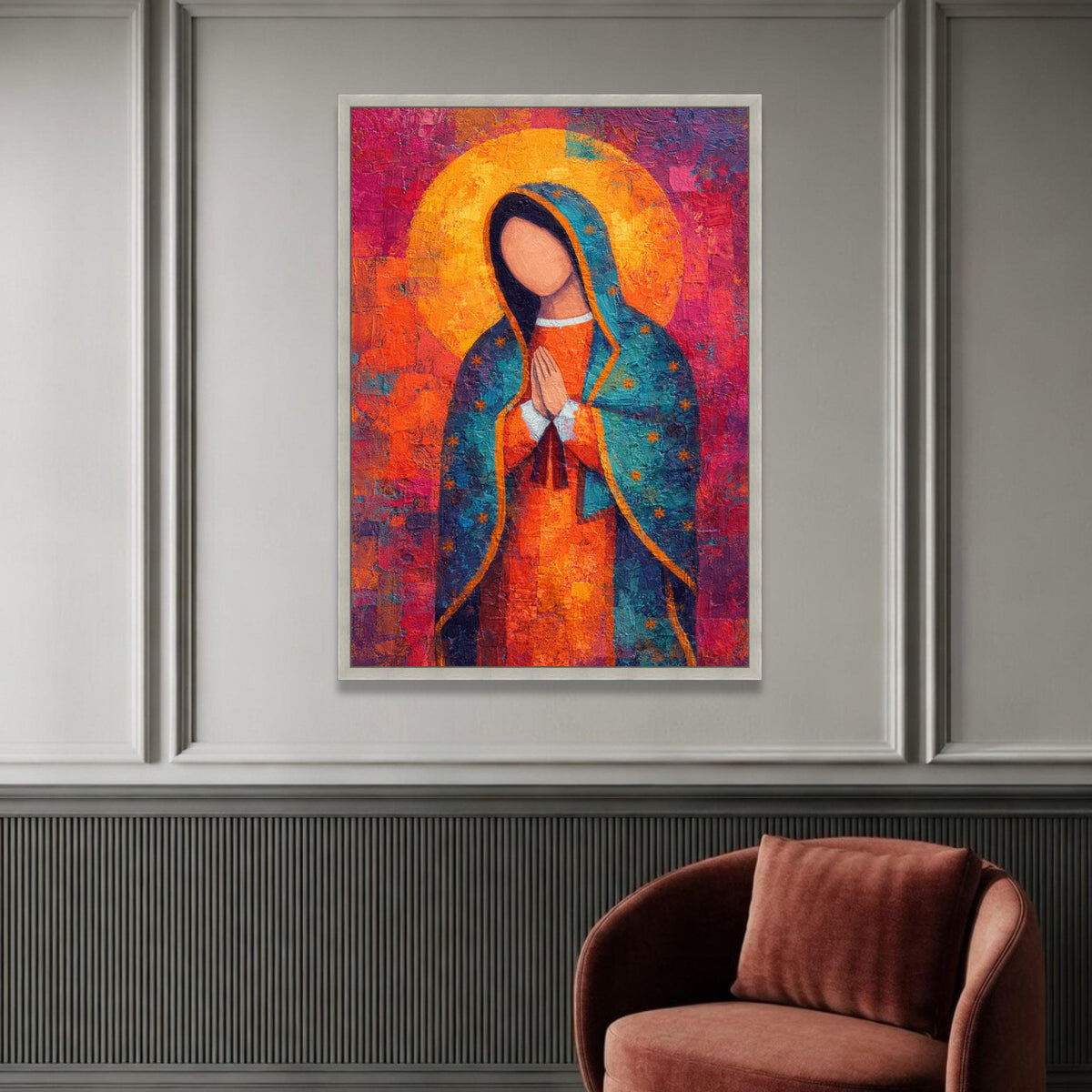 Vibrant Virgin Mary Canvas, Abstract Religious Wall Art, Praying Madonna Painting, Spiritual Home Decoration, Colorful Luxury Home Decor