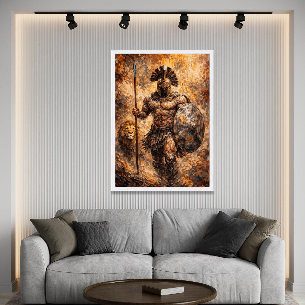 Ancient Spartan Warrior Canvas, Gladiator Wall Art, Lion Companion Painting, Historical Battle Scene, Masculine Home Luxury Home Decor