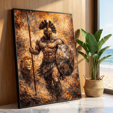 Ancient Spartan Warrior Canvas, Gladiator Wall Art, Lion Companion Painting, Historical Battle Scene, Masculine Home Luxury Home Decor