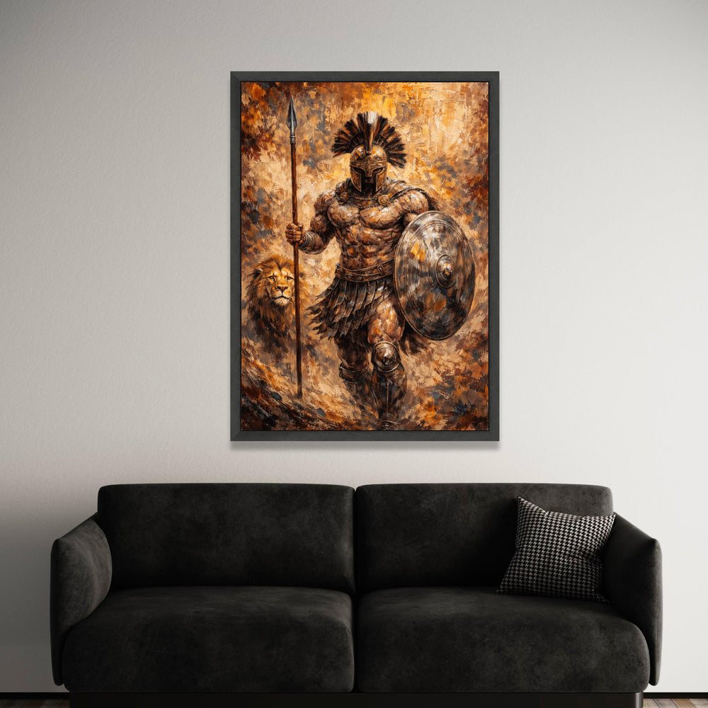 Ancient Spartan Warrior Canvas, Gladiator Wall Art, Lion Companion Painting, Historical Battle Scene, Masculine Home Luxury Home Decor