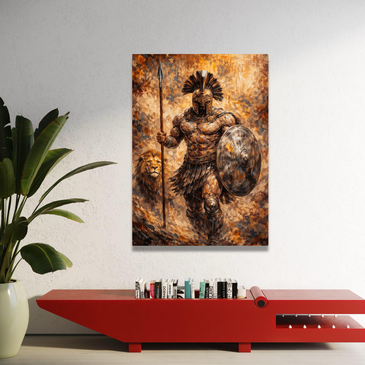 Ancient Spartan Warrior Canvas, Gladiator Wall Art, Lion Companion Painting, Historical Battle Scene, Masculine Home Luxury Home Decor