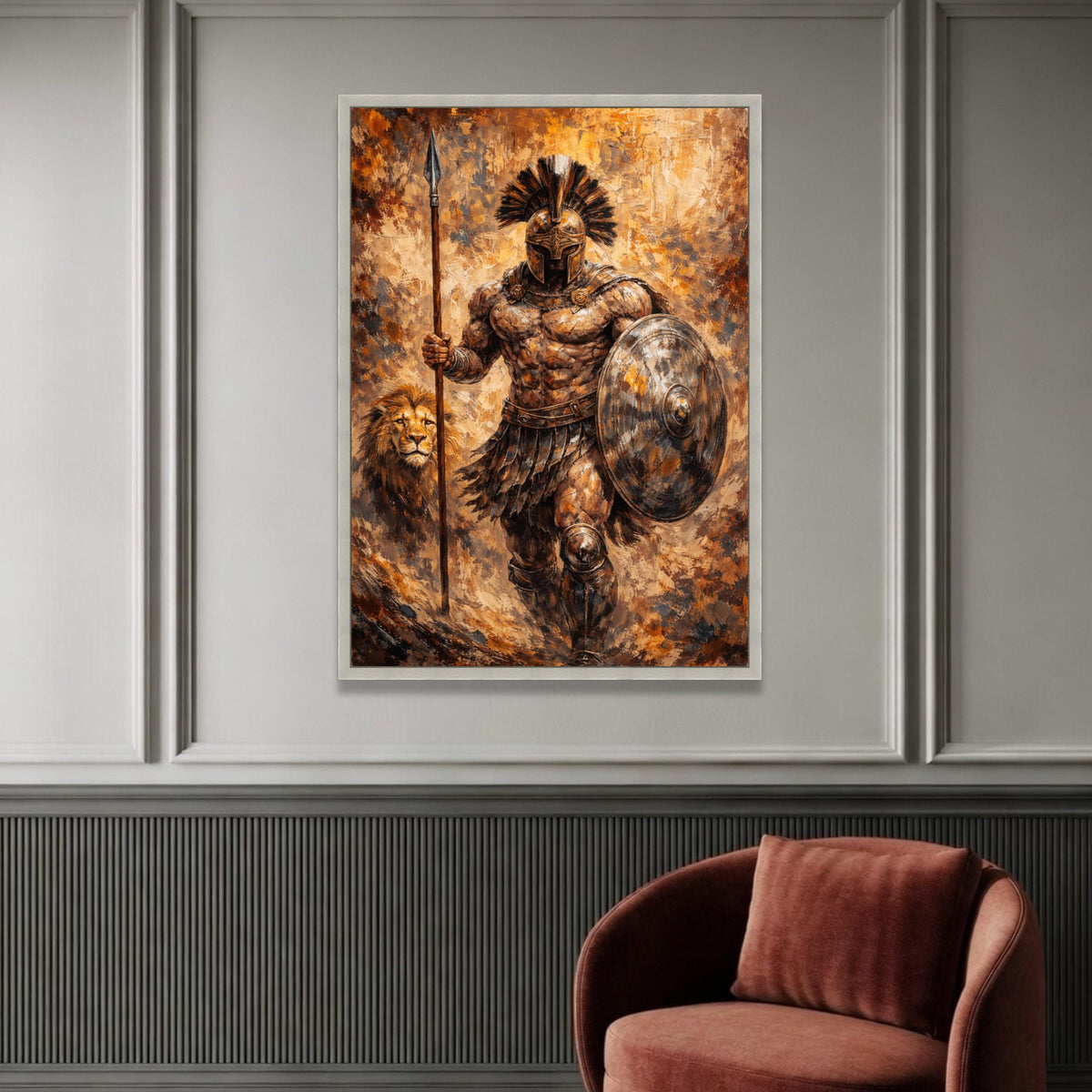 Ancient Spartan Warrior Canvas, Gladiator Wall Art, Lion Companion Painting, Historical Battle Scene, Masculine Home Luxury Home Decor