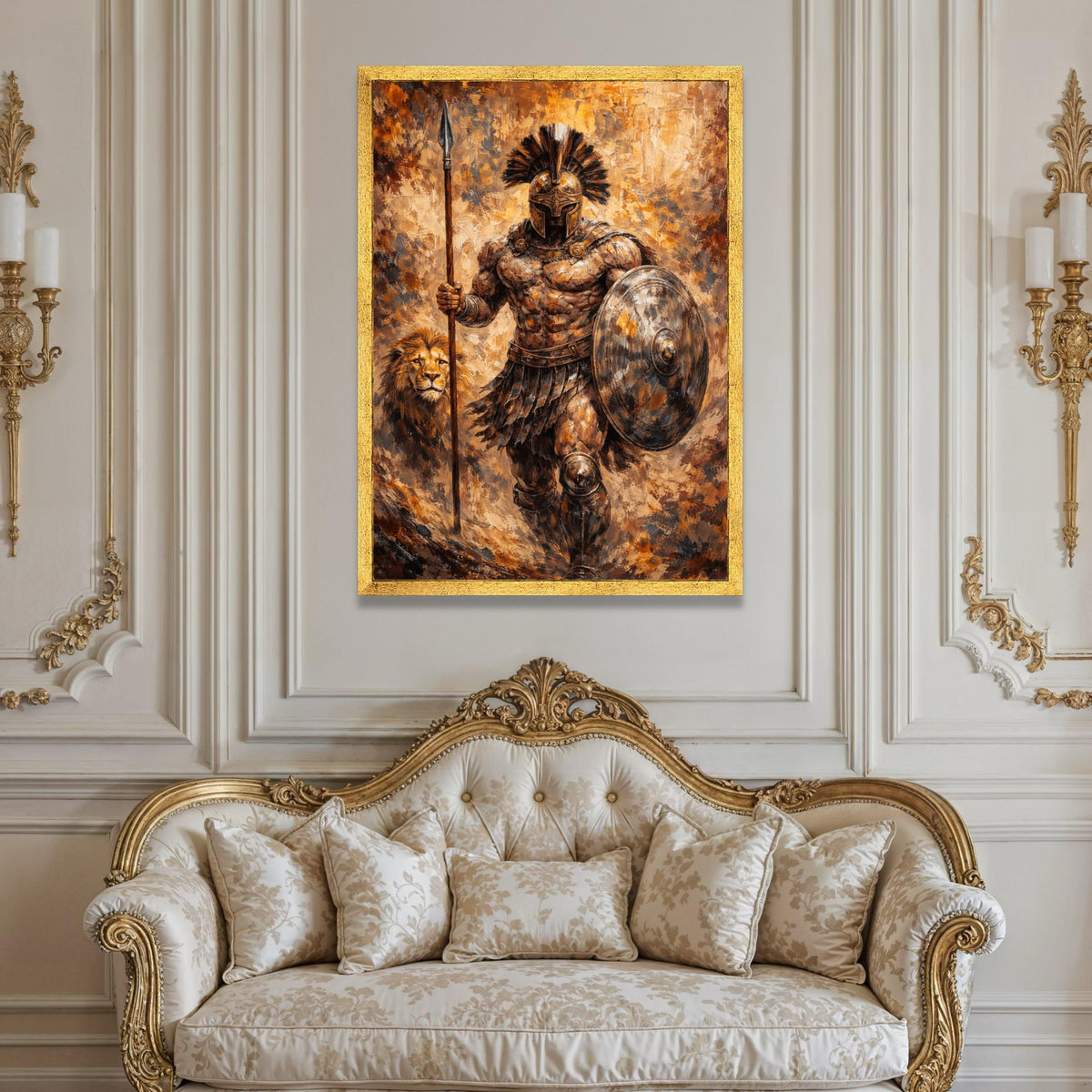 Ancient Spartan Warrior Canvas, Gladiator Wall Art, Lion Companion Painting, Historical Battle Scene, Masculine Home Luxury Home Decor