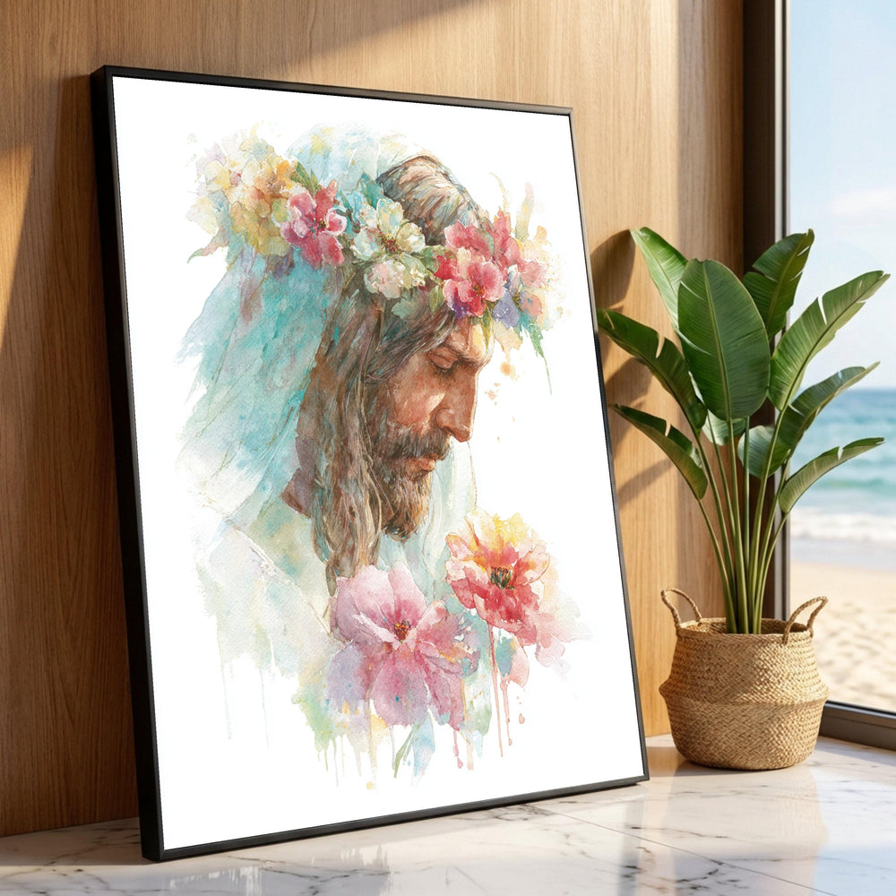 Inspirational Jesus Portrait with Flower Crown, Watercolor Canvas Wall Art, Religious Spiritual Home Decor, Christian Luxury Home Decor
