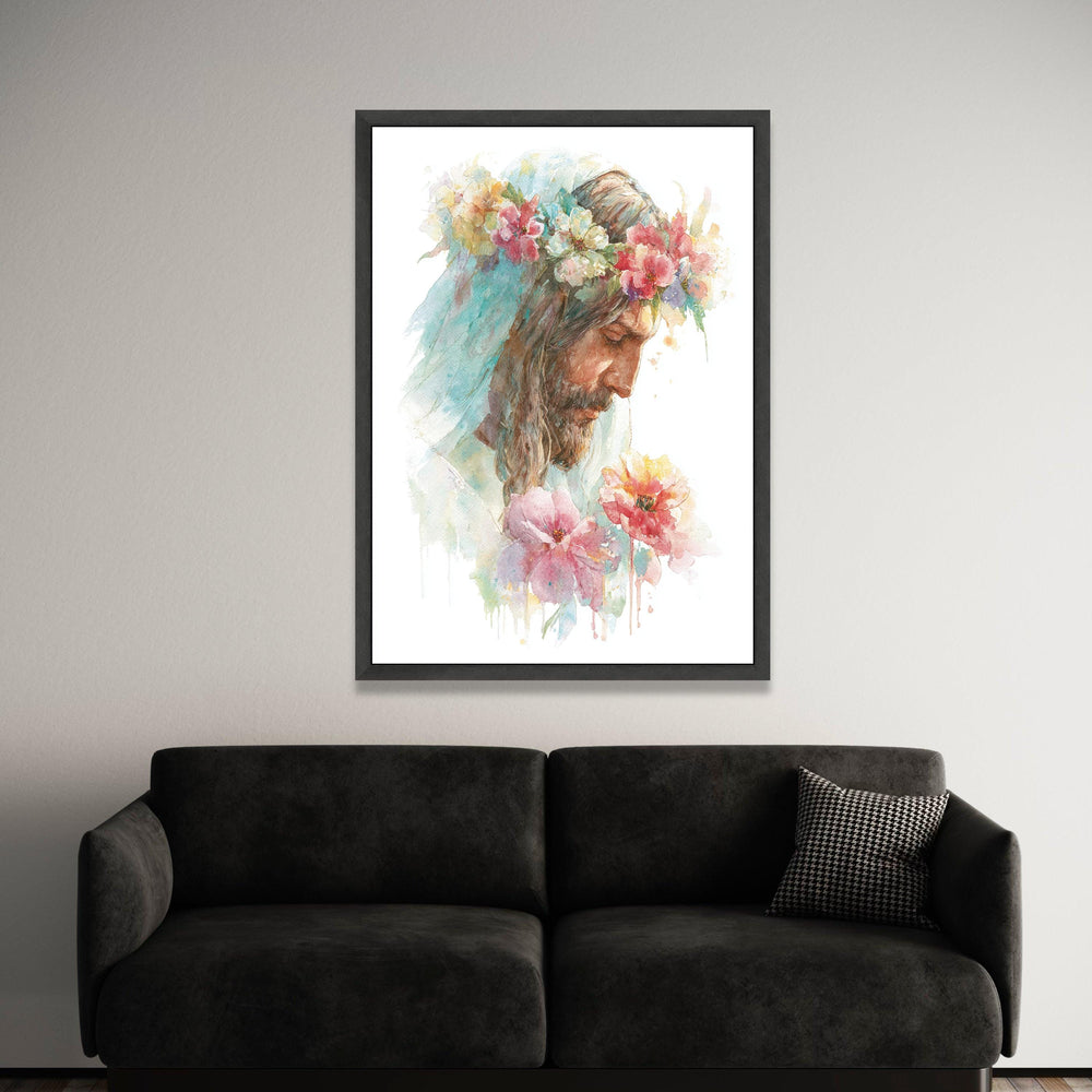 Inspirational Jesus Portrait with Flower Crown, Watercolor Canvas Wall Art, Religious Spiritual Home Decor, Christian Luxury Home Decor
